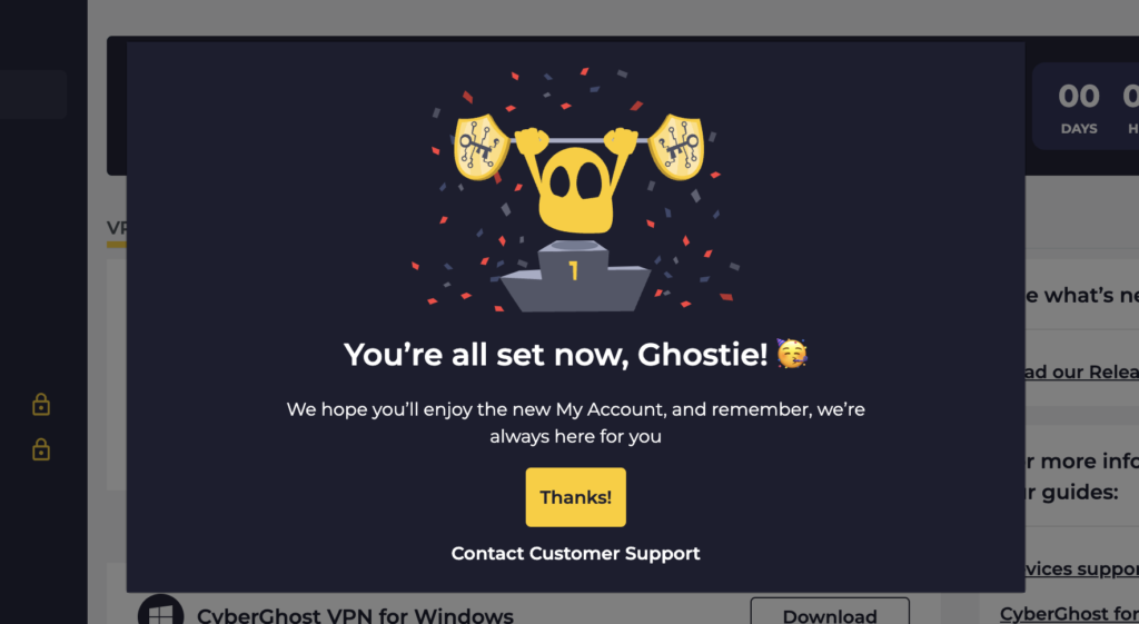 CyberGhost VPNのマイアカウント初期設定が完了した画面