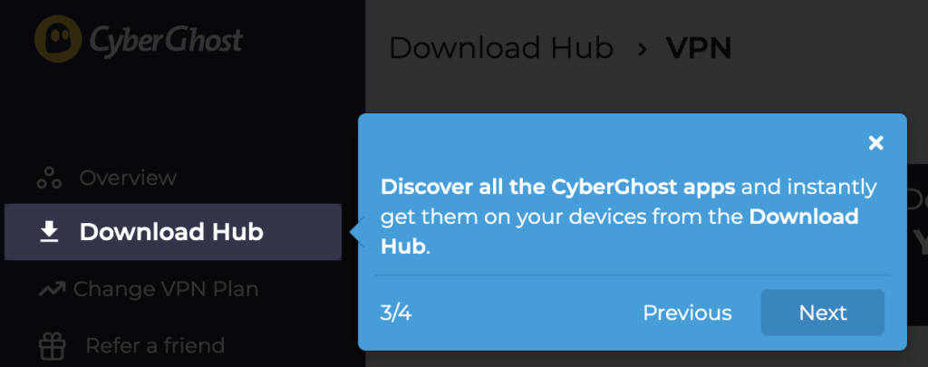 CyberGhost VPNのDownload Hubからアプリを入手する案内画面