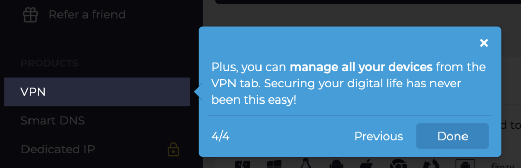 CyberGhost VPNのVPNタブで接続端末を管理する案内画面