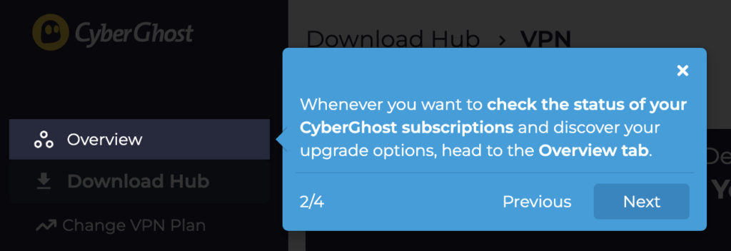 CyberGhost VPNのマイアカウントで契約状況を確認する案内画面