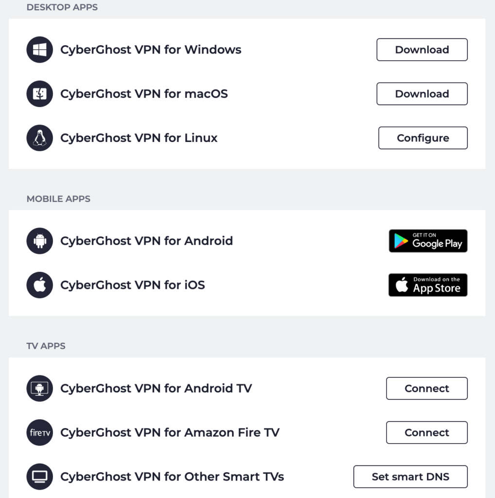 CyberGhost VPNが対応するパソコン・スマートフォン・テレビ向けアプリの一覧