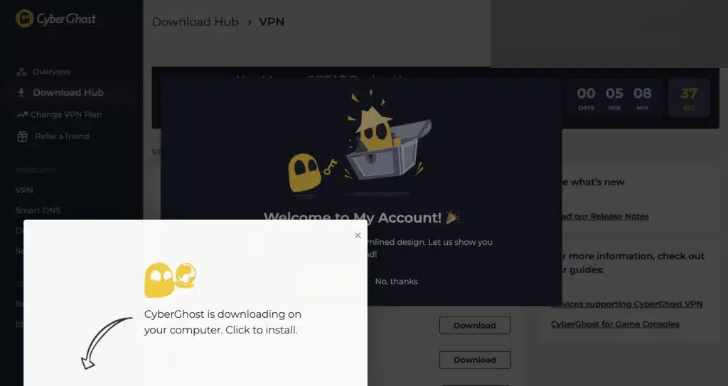 CyberGhost VPNのマイアカウント画面でアプリのダウンロードが始まった状態