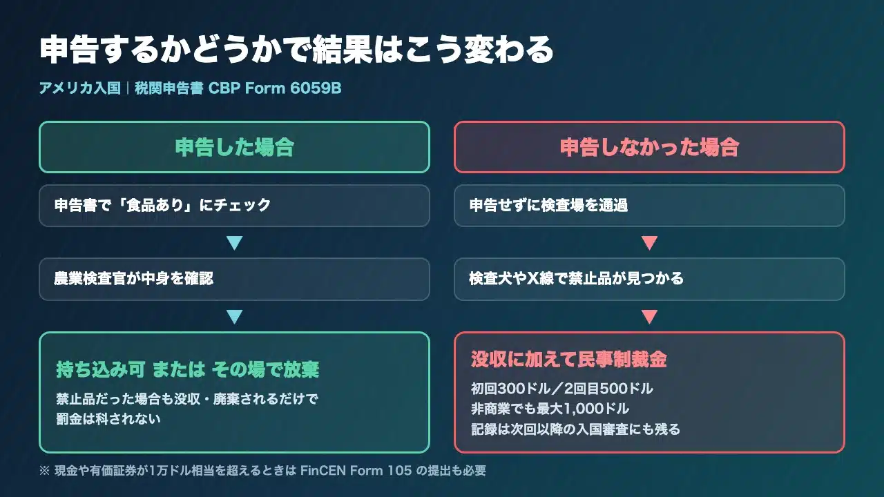 アメリカ入国時に税関申告をした場合としなかった場合の結果の違いを示した図解